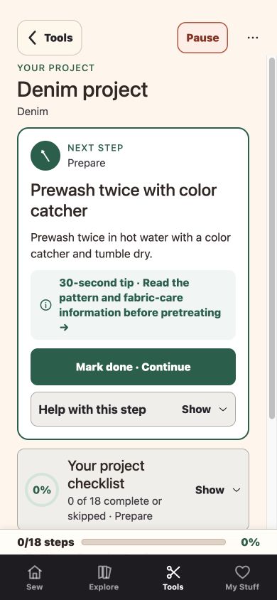 Sewing Mode — Denim project checklist screenshot