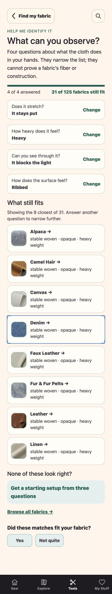 Complete fabric clue results, with four answers, eight candidates and next steps