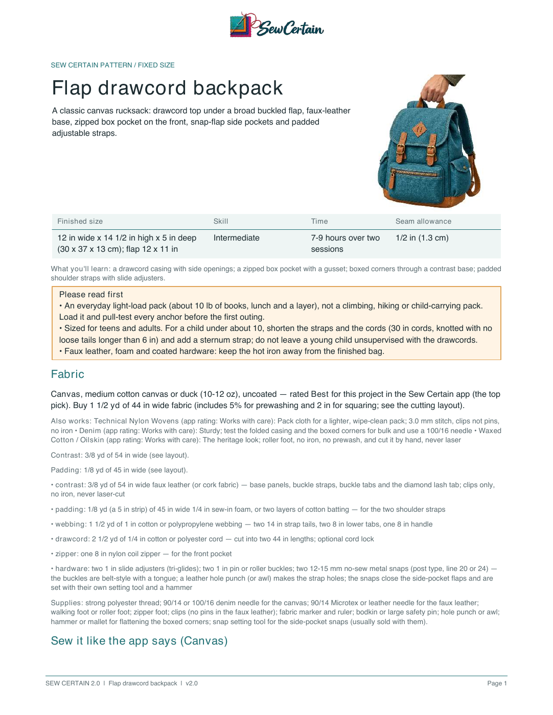 First PDF page of Flap drawcord backpack