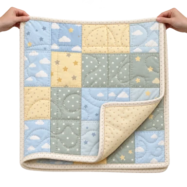 Hands holding a softly quilted baby blanket with stars and clouds