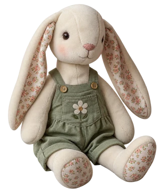 Handmade rabbit with floral ears and green overalls