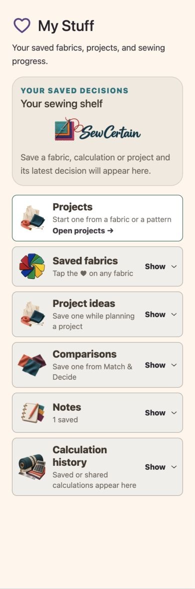 My Stuff main page with saved decisions, projects, fabrics, comparisons and calculation history