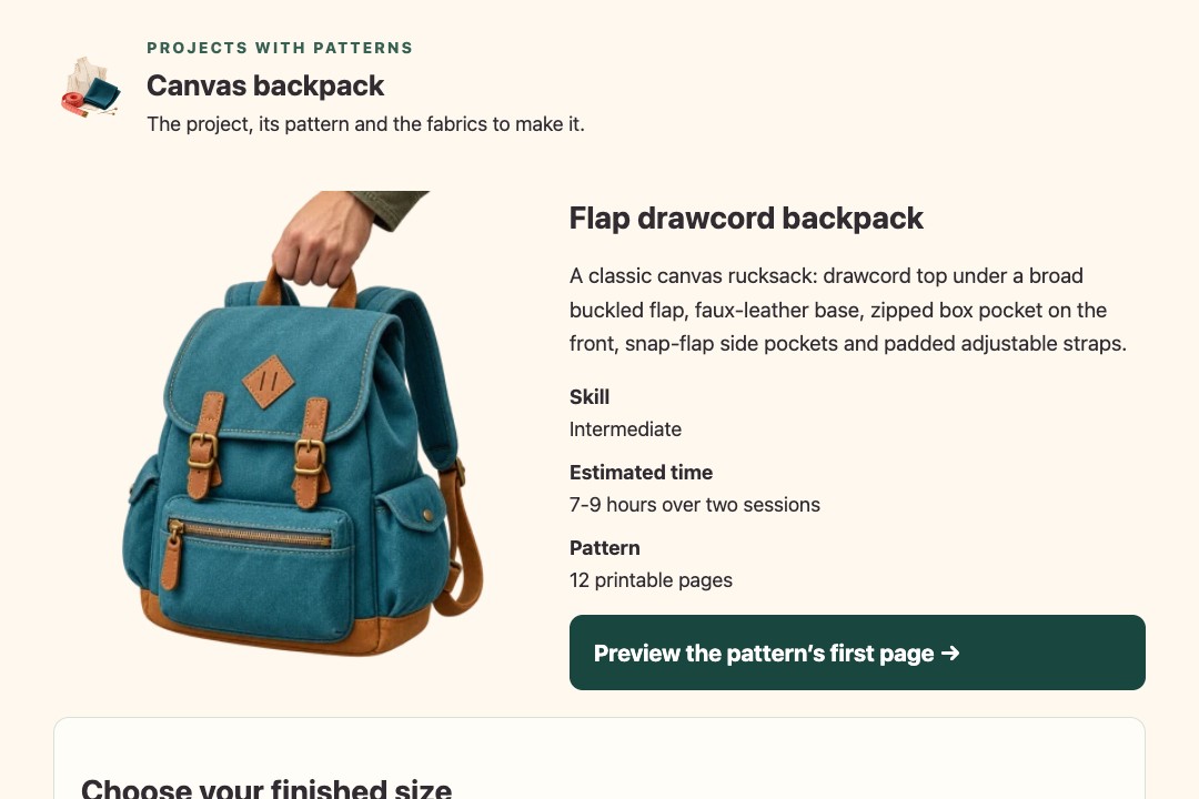 Canvas backpack project displayed as a wide browser page with project details