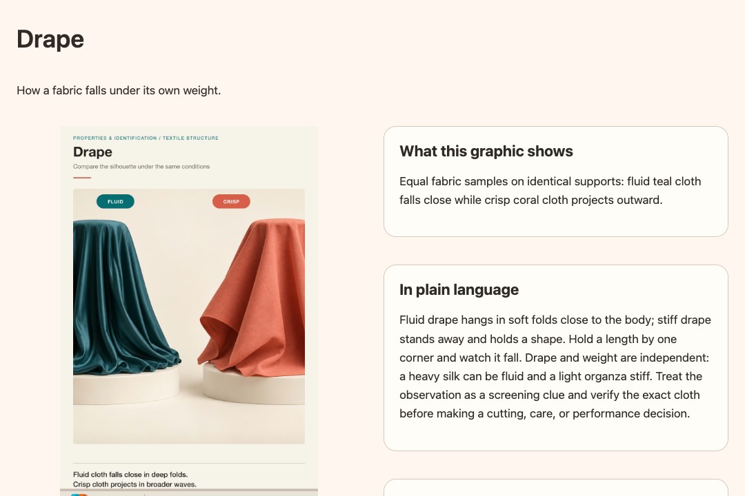 Drape reference browser page comparing fluid and crisp fabrics