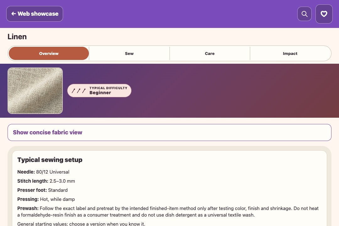 Linen browser page with fabric photograph, section tabs and sewing guidance