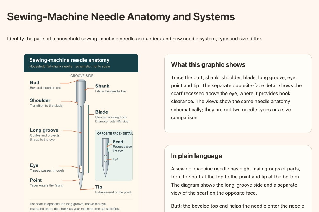 Needle anatomy reference displayed with labelled diagram and explanatory text
