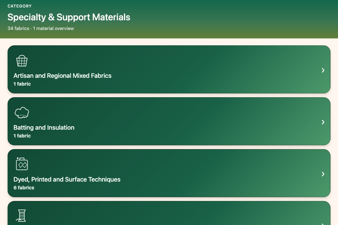 Specialty and support fabric family browser page with illustrated material groups