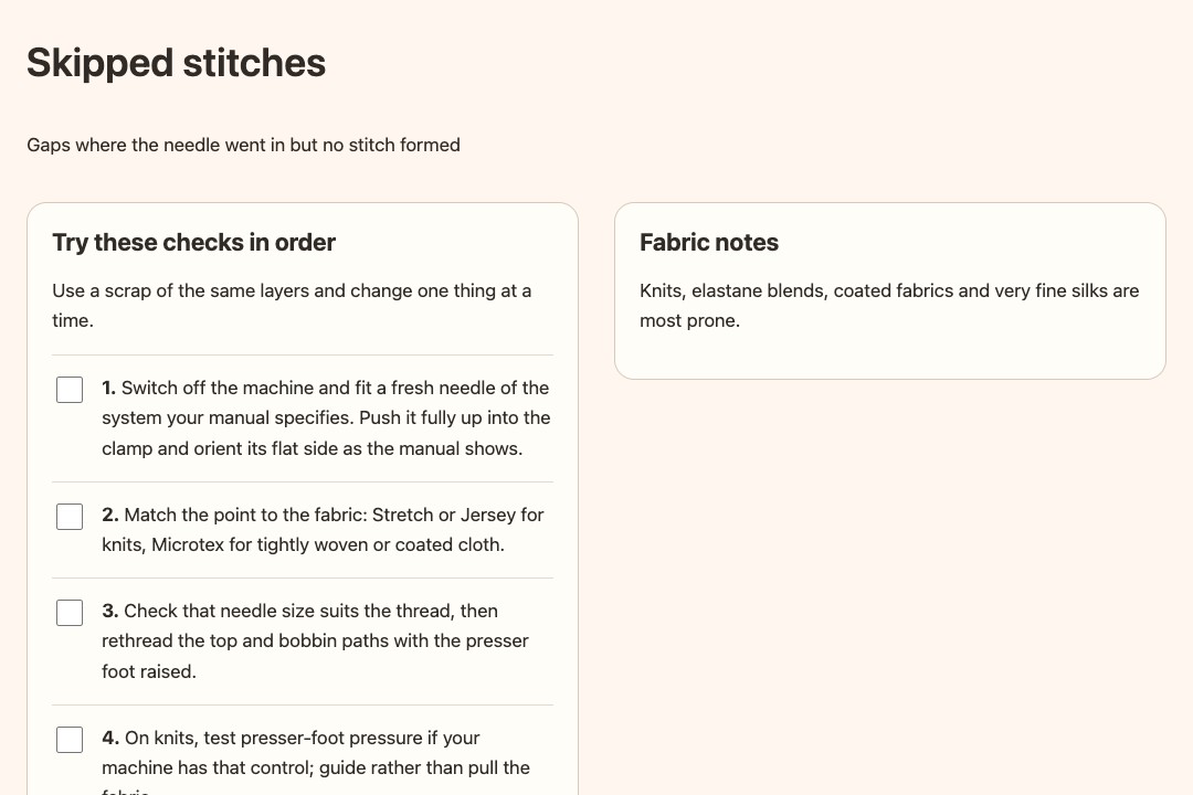 Skipped-stitch browser checklist with individual interactive checks